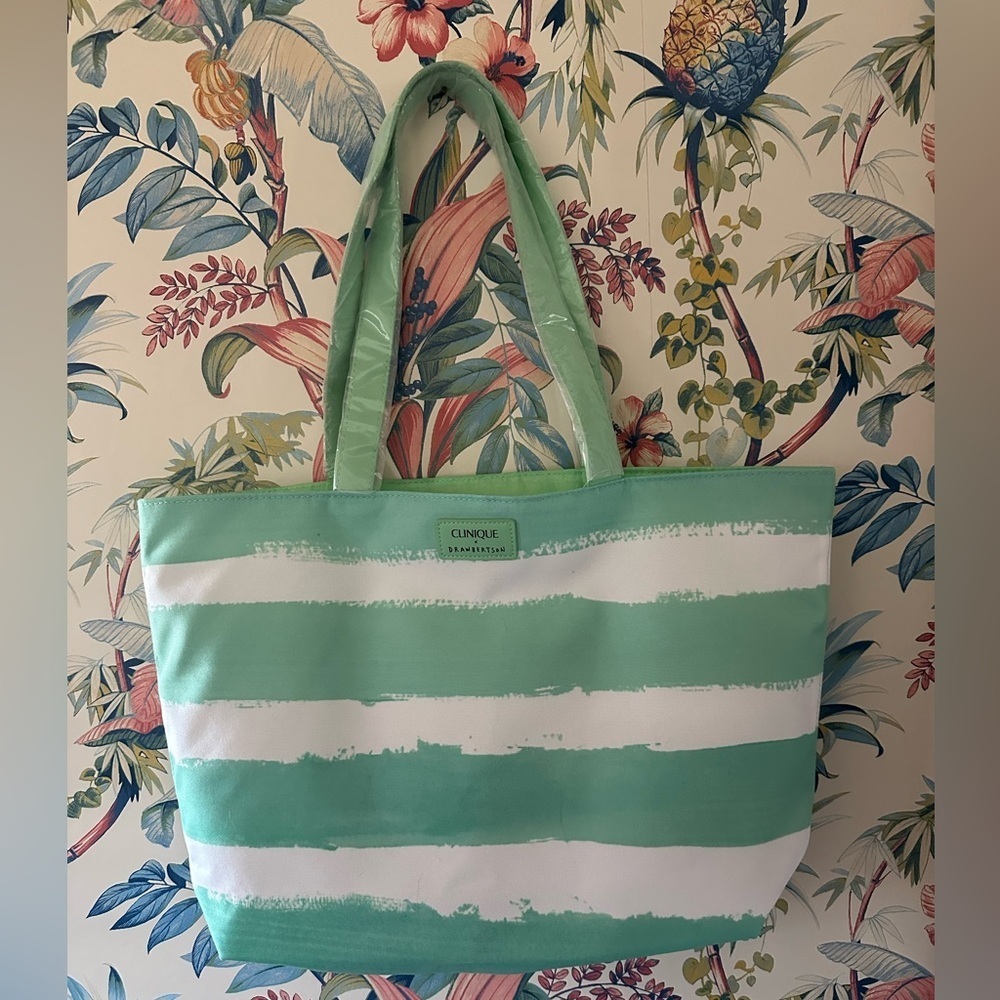 Clinique x Drawbertson Shoulder Tote & Cosmetic Bag Mint Green/White Stripe New